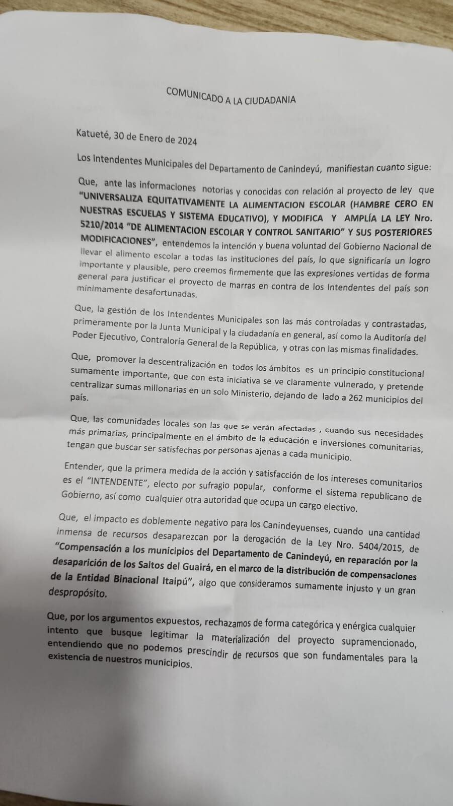 Declaración de intendentes de Canindeyú contra el proyecto de ley Hambre Cero. 30-01-2024