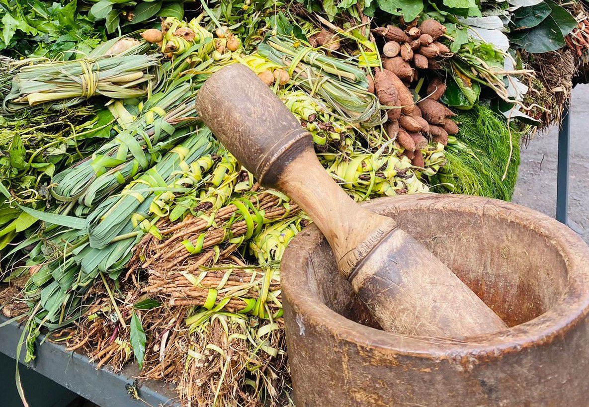 Las hierbas medicinales que se consumen en el tereré deben lavarse bien y machacarse en el mortero antes de mezclarlas con el agua fría.