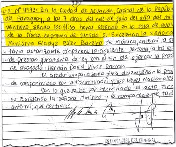 Documento de la CSJ donde señala que supuestamente la fallecida Gladys Bareiro le tomó juramento a Rivas el 7 de julio de 2021.