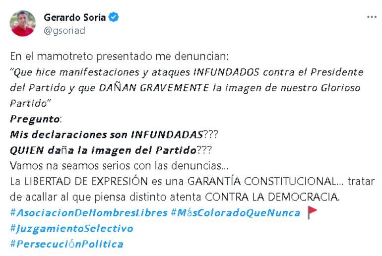 Publicación del perfil de Twitter de Gerardo Soria.