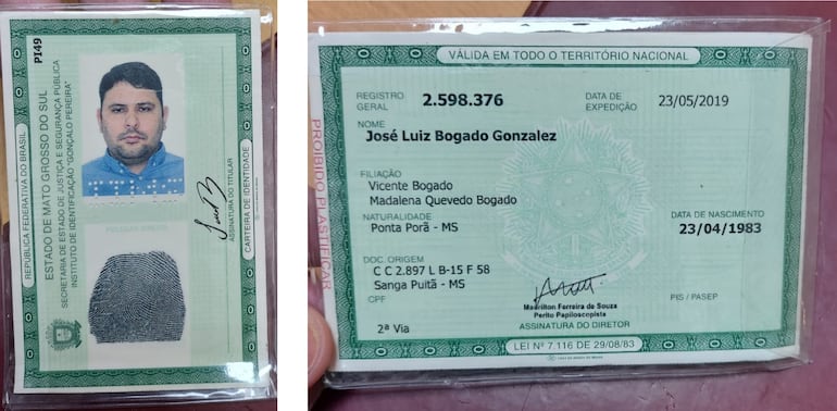 Cédula brasilera falsa presentada por José Luis Bogado Quevedo, requerido en el vecino país por una condena pendiente por narcotráfico.