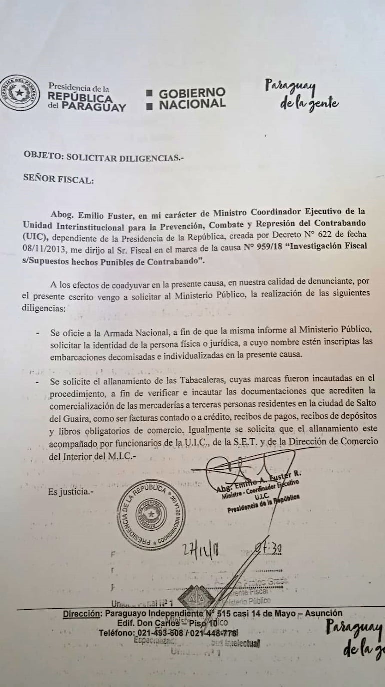 El pedido enviado por el ministro anticontrabando Emilio Fúster y que fue cajoneado por Fiscalía.