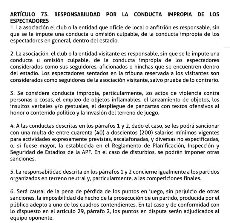 El Artículo 73 del Código Disciplinario de la Asociación Paraguaya de Fútbol.