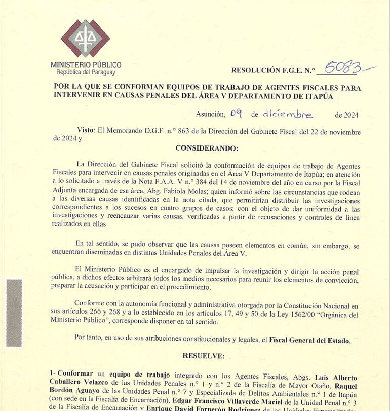 Resolución de la FGE que crea equipos de fiscales para entender en diversas causas que se tramitan en la V Región Itapúa del Ministerio Público.