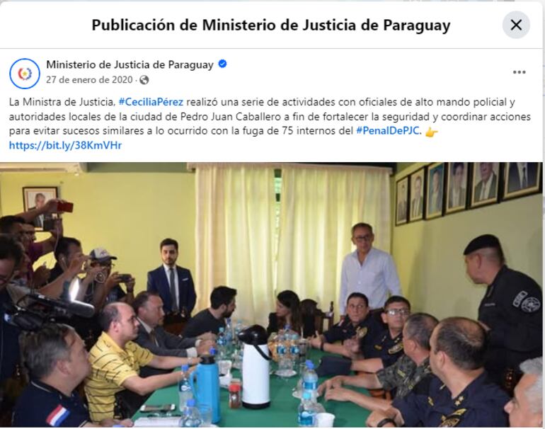 La publicación en Facebook de la cuenta oficial del Ministerio de Justicia (MJ), en la que informa sobre el recorrido de la delegación interinstitucional en Pedro Juan Caballero.