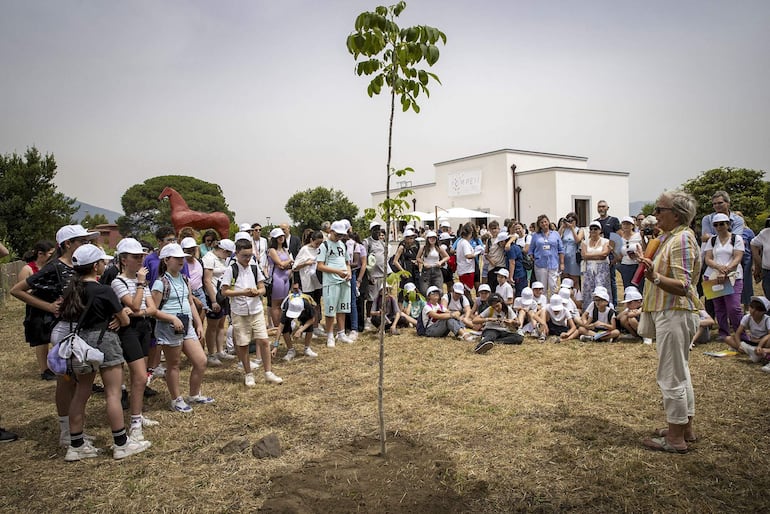 Vista del acto de inicio de las obras del futuro Museo de los Niños de Pompeya (Nápoles), este miércoles en el área arqueológica de la ciudad arrasada por el Vesubio en el 79 a.C.