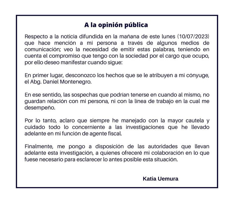 Comunicado de la fiscala Katia Uemura. (gentileza).