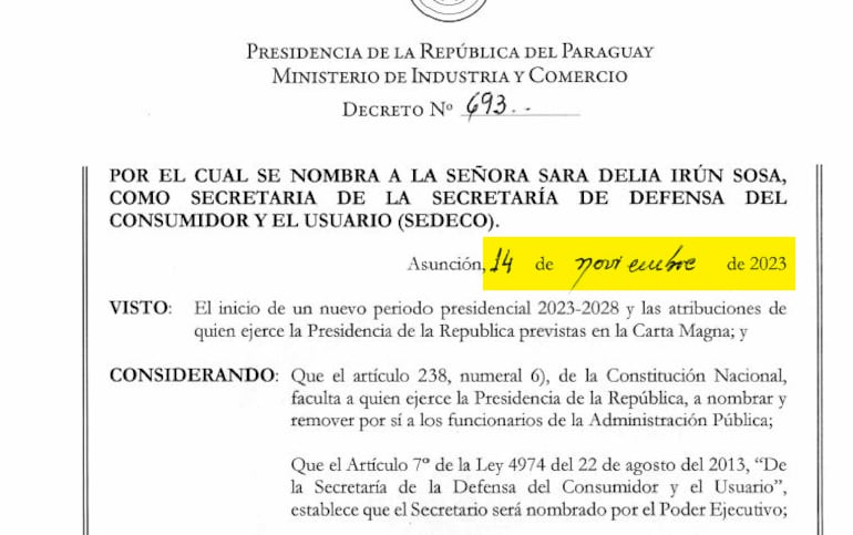 Decreto N° 693 firmado el 14 de noviembre de 2023 por el presidente Santiago Peña