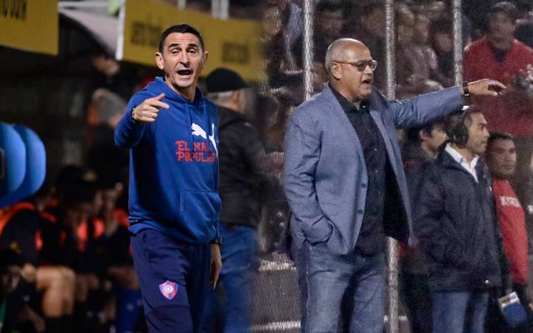 Los entrenadores Manolo Jiménez (i) y Francisco Arce en el partido entre Guaraní y Cerro Porteño.