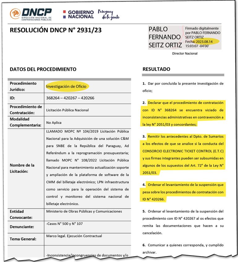 Resolución de la DNCP que ratificó los incumplimientos en el contrato del centro de monitoreo del billetaje.