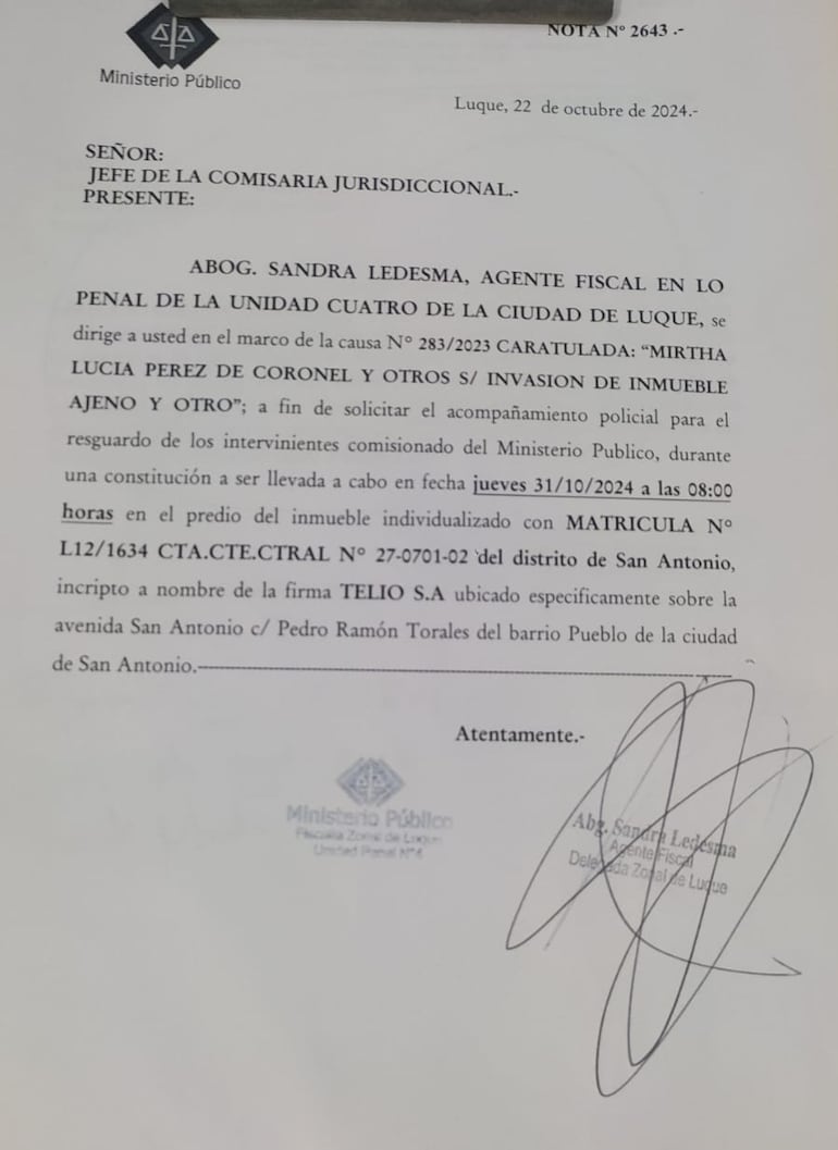 La única nota presentada por la fiscala de Luque, Sandra Ledesma, para utilizar a la Policía para un desalojo.