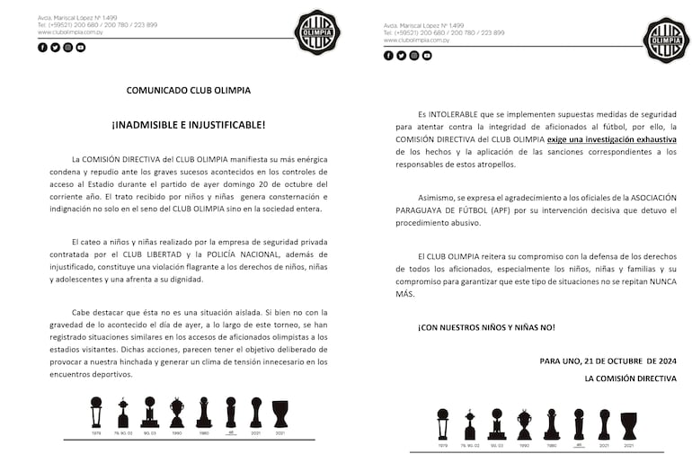 El comunicado del club Olimpia tras los "cateos" a menores.