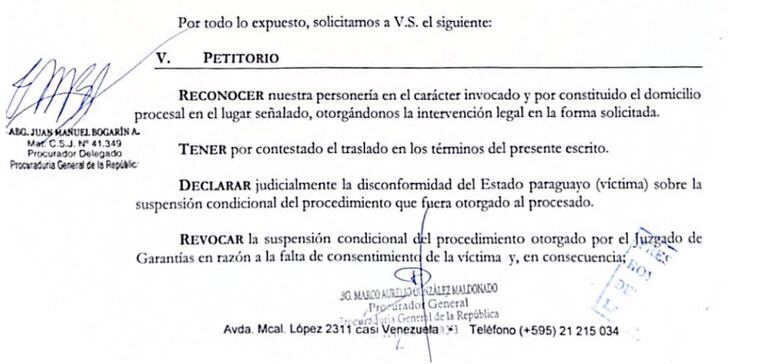 Facsímil del escrito presentado por la Procuraduría General de la República al juzgado de Ejecución.