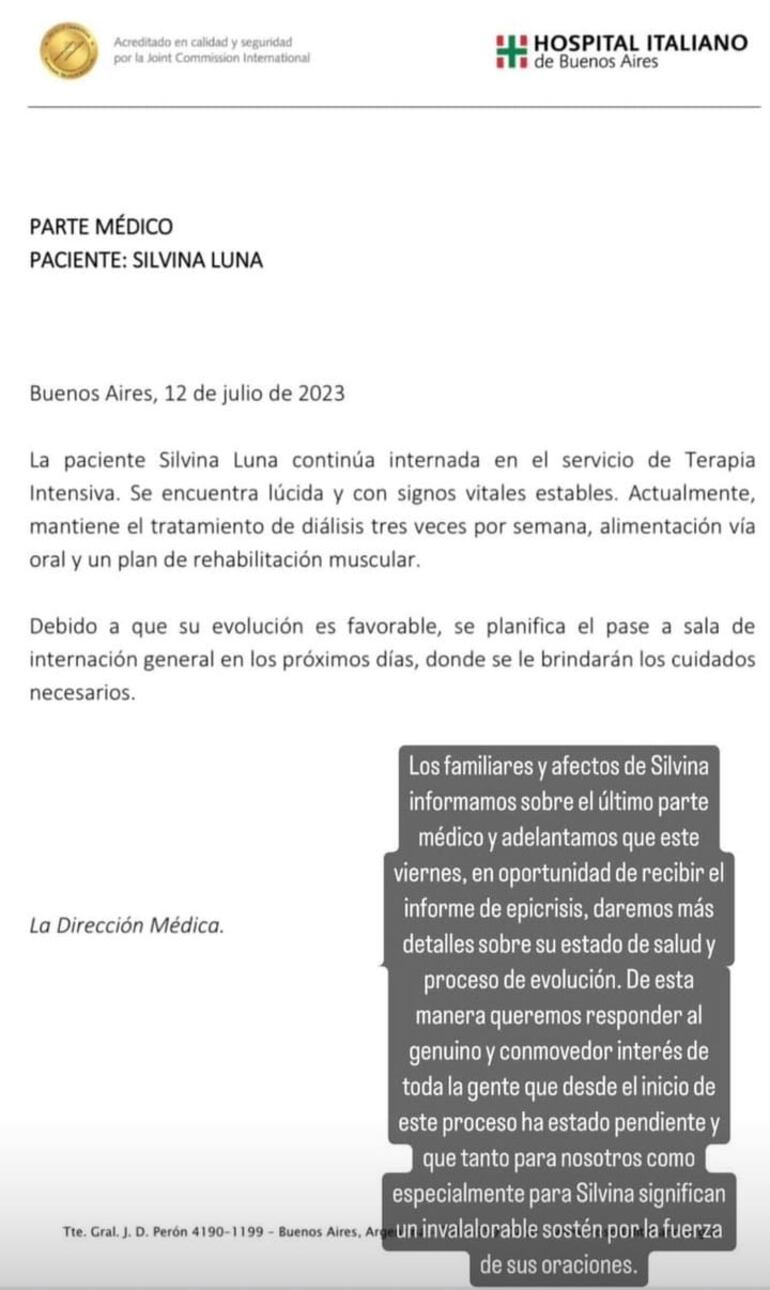 El último parte médico sobre la salud de Silvina Luna fue publicado por su abogado Fernando Burlando. (Captura de la historia de Instagram de Fernando Burlando)