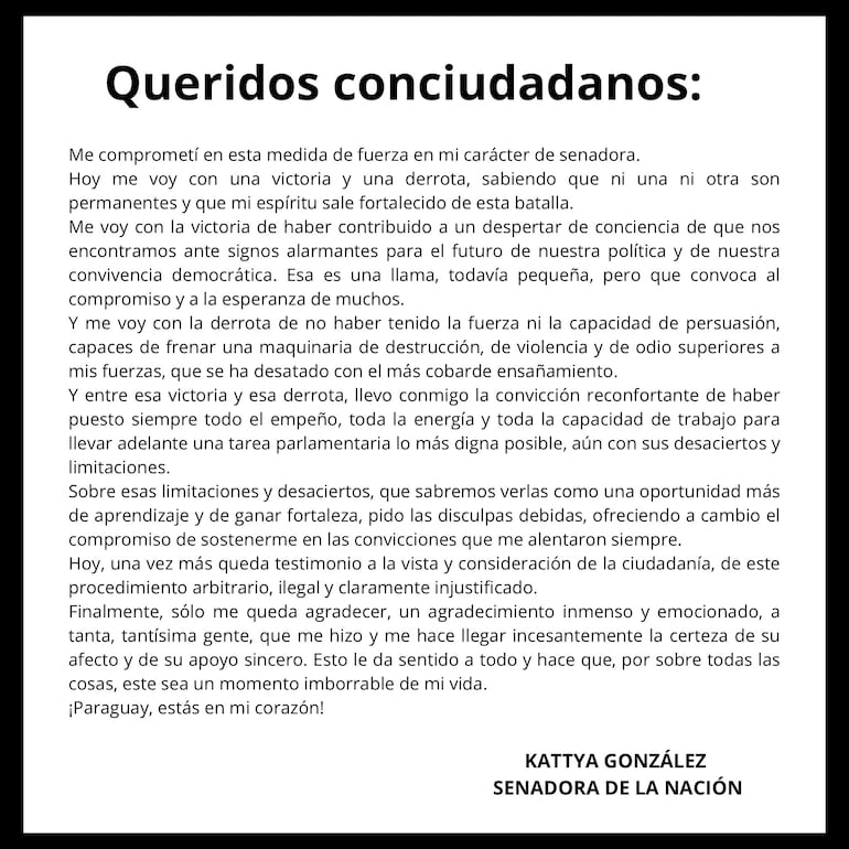 Comunicado de la exsenadora Kattya González.