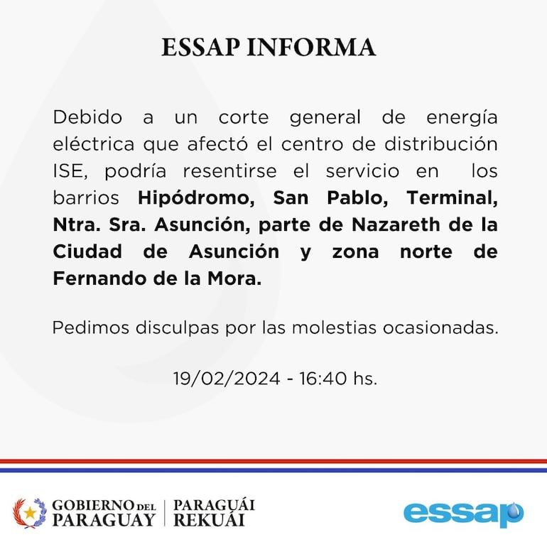 Comunicado de la Essap sobre posibles fallas en el suministro de agua potable por el corte de energía eléctrica.