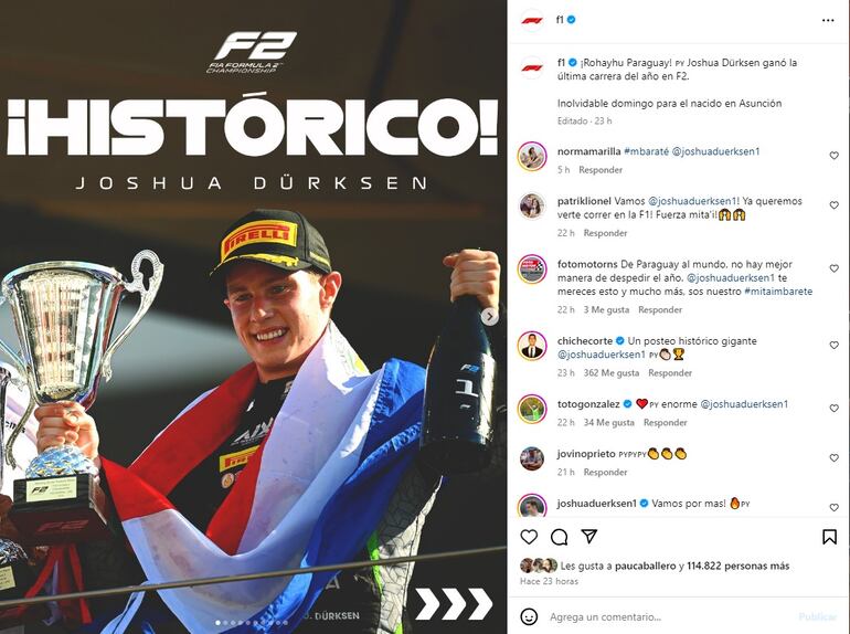 El mensaje en guaraní que escribieron los de F1 para felicitar a Joshua Duersken por su victoria en Abu Dabi.