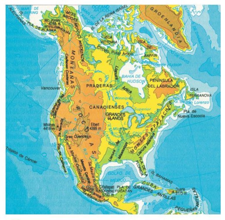 Al observar el mapa orográfico de América, se pueden ver tres unidades estructurales de relieve: las cadenas montañosas occidentales (oeste), los macizos orientales (este), las llanuras sedimentarias (centro).