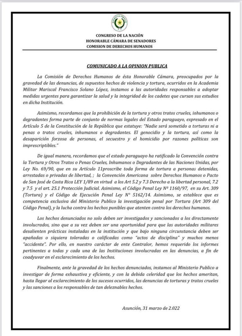 La Comisión de Derechos Humanos del Senado emitió un comunicado en relación a las supuestas torturas registradas en la Academia Militar.