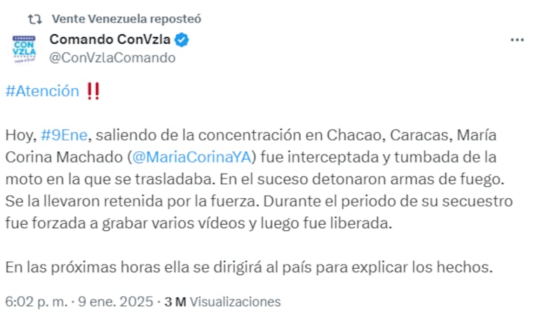 Publicación de la Cuenta oficial del Comando Nacional de Campaña de la líder María Corina Machado.