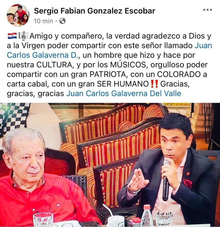 Una de las tantas dedicatorias de agradecimiento que realiza Sergio González, en sus redes sociales al exsenador colorado.