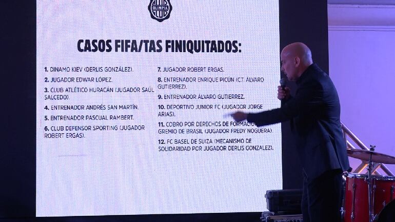 Miguel Cardona, presidente de Olimpia, muestra los doce casos FIFA/TAS que resolvió para disminuir la deuda del club.