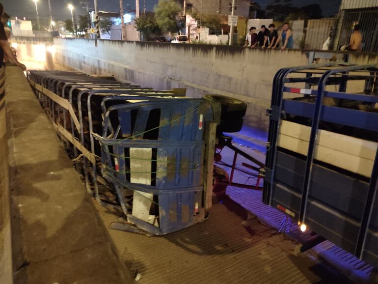 Un camión cargado de ganado volcó en el túnel Semidei cerca de las 3:00 de este martes.