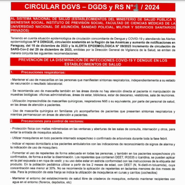 Circular emitido por Vigilancia de la Salud en que brinda nuevas recomendaciones a ser aplicadas en los hospitales públicos del país.