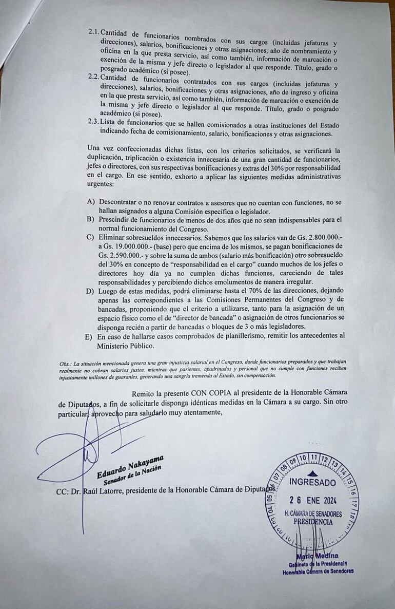 En la parte final, Nakayama deja por sentado que entregó copia de estas medidas al titular de Diputados, Raúl Latorre. (Fuente X).