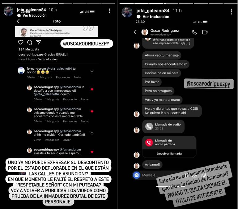 Amenazas del intendente Rodríguez, a través de Twitter e Instagram.