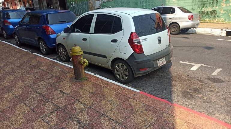 En descuidados trabajos, Parxin pintó como espacio de estacionamiento el lugar que debía estar libre al lado de la boca hidrante.