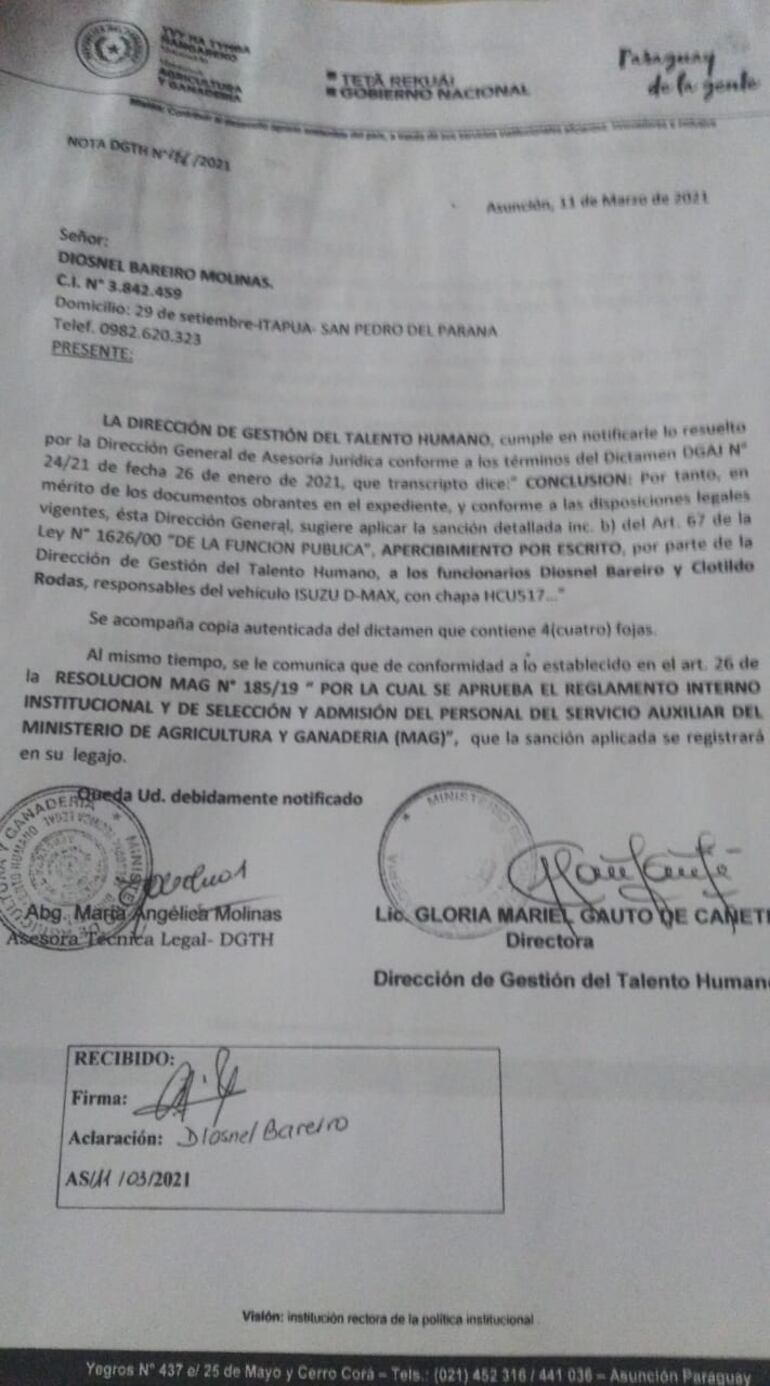 Apercibimiento a Rodas y Bareiro por mal uso de camioneta, por parte de la dirección de Talento Humano del MAG.