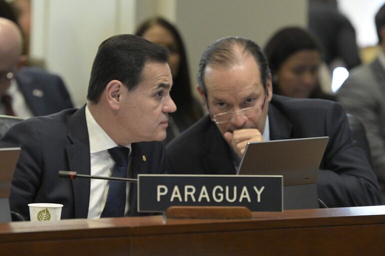 El canciller de Paraguay, Rubén Ramírez Lescano (i), y el canciller de Panamá, Javier Martinez-Acha, en una sesión extraordinaria de la Organización de Estados Americanos, en Washington (Estados Unidos).