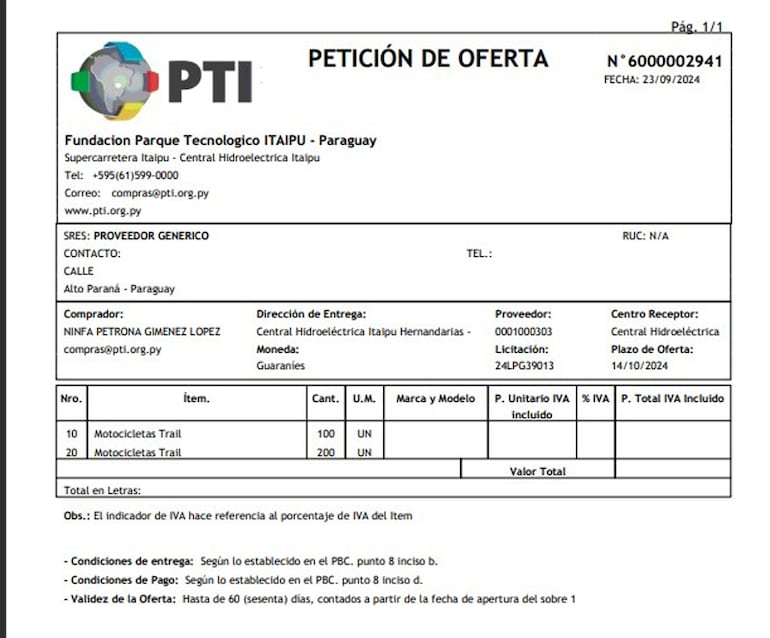 Petición de oferta para la compra de motocicletas 
con plata de Itaipú, en la que  no aparece el monto referencial a pagar.