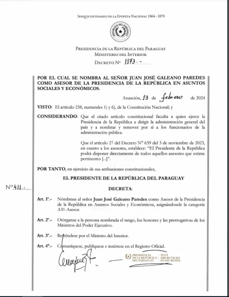 Decreto por el que se nombre a Juan José Galeano nuevo asesor de la Presidencia de la República.