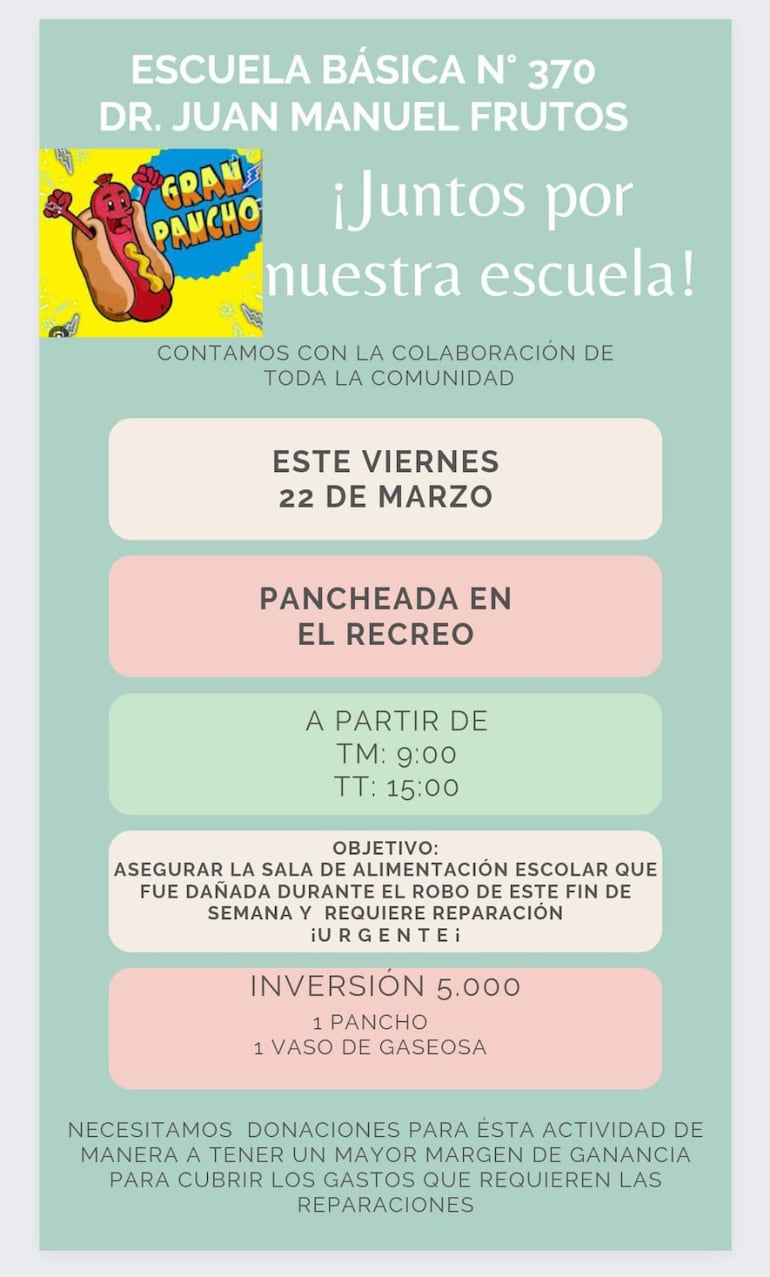 Invitación a la pancheada en la escuela Juan Manuel Frutos, luego de sufrir un robo de la merienda escolar y útiles. Puertas se vieron dañadas en el suceso.