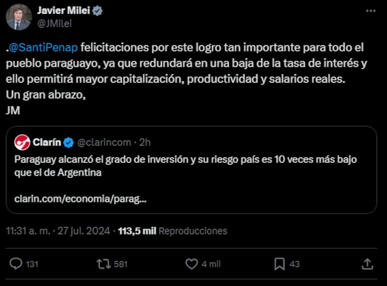 Javier Milei felicita a Santiago Peña por la calificación de grado de inversión de Paraguay.