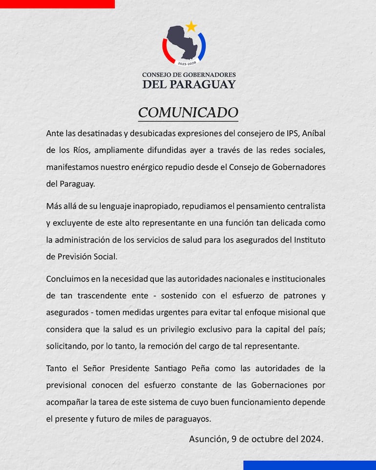 Nota presentada por el Consejo de Gobernadores del Paraguay