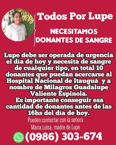 Se solicita donantes de sangre para la joven, Milagros Guadalupe Valiente Espínola, internada con ACV en el Hospital de Itauguá.