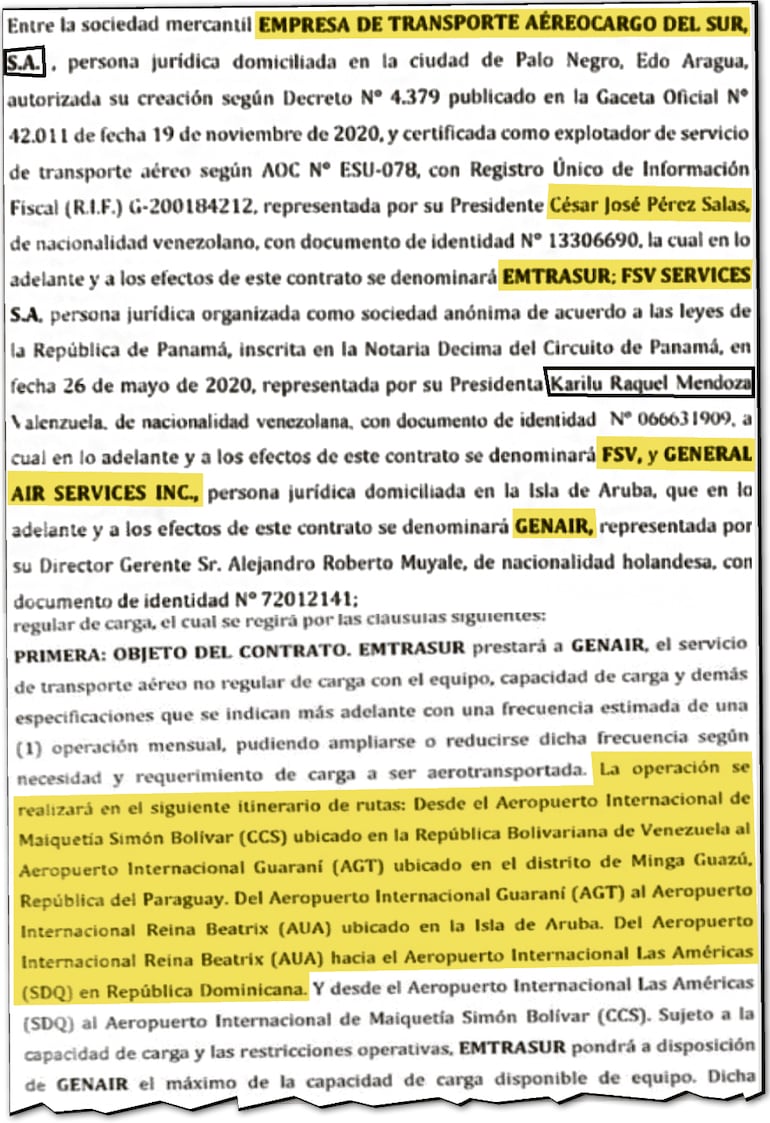 Facsímil del acuerdo firmado por General Air  Services con Emtrasur; FSV Services para el usufructo del avión sin especificar la carga.