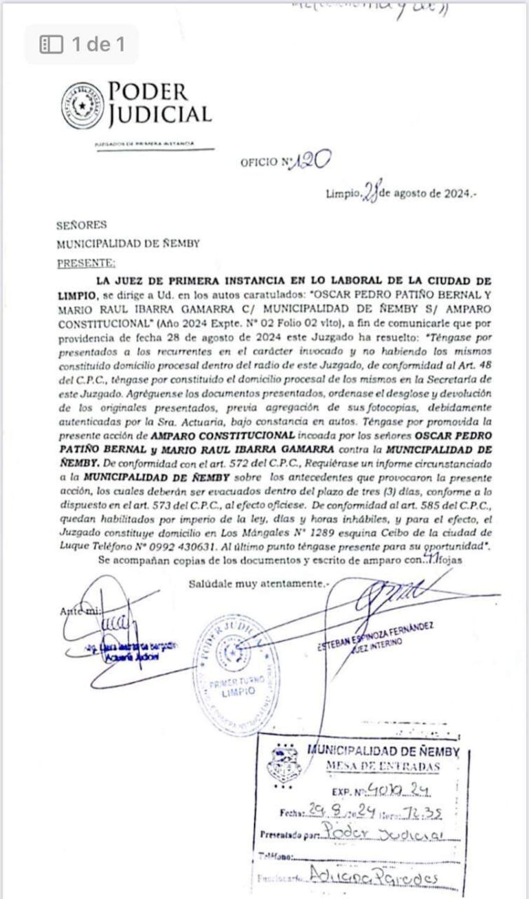 El juez de la localidad de Limpio, Esteban Espinoza, ordenó a la Municipalidad de Ñemby la entrega de documentos requeridos por la Contraloría Ciudadana.