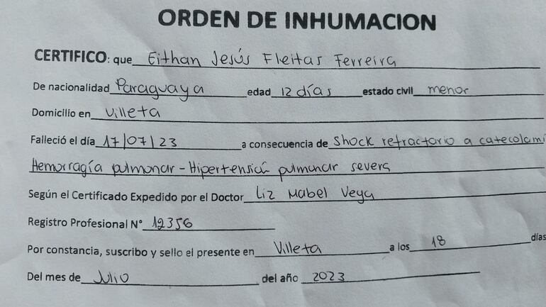 El bebé falleció el pasado 17 de julio, por una hemorragia pulmonar según costa en su orden de inhumación.