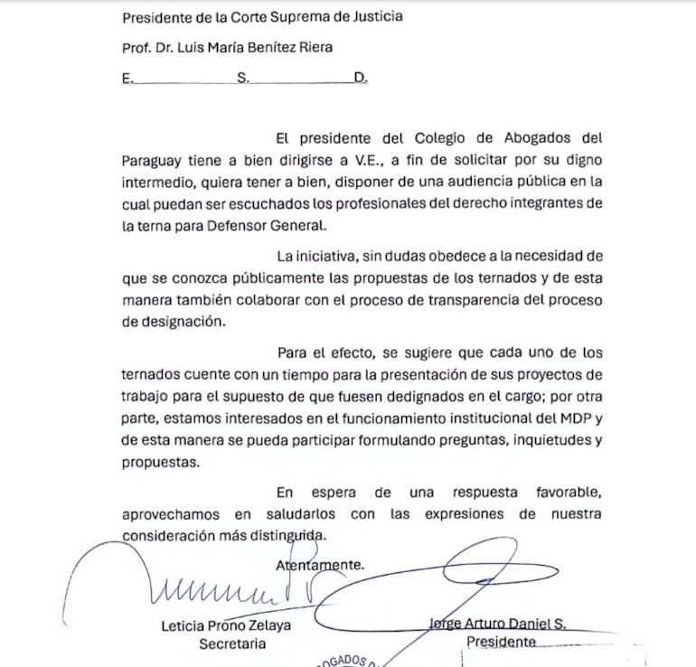 Nota del Colegio de Abogados del Paraguay al presidente de la CSJ.