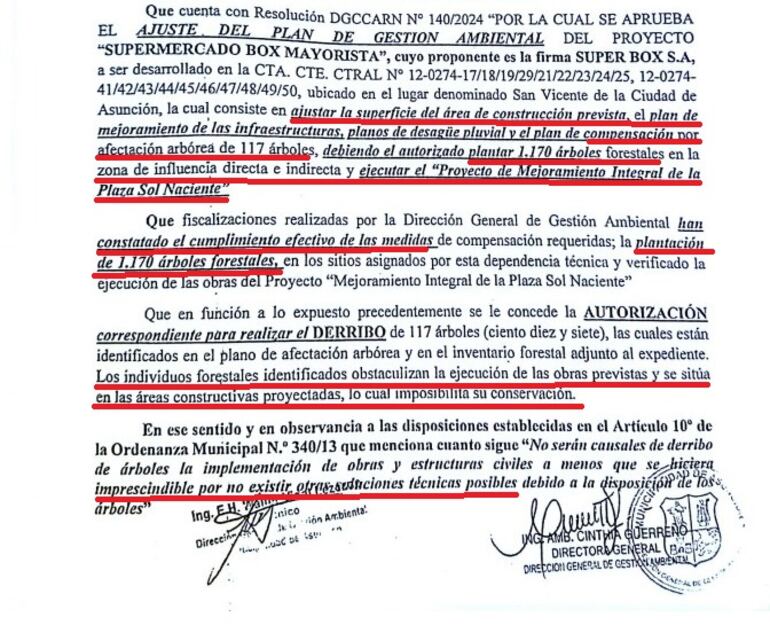 Documento emitido por la Dirección General de Gestión Ambiental de la Municipalidad de Asunción por el que se autoriza el derribo de 117 árboles del Bosque de San Vicente.