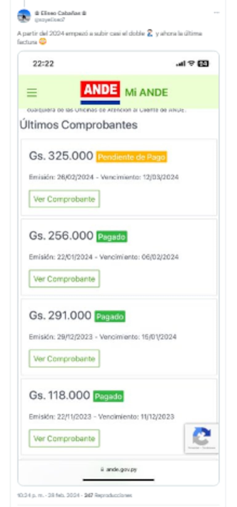 Usuarios de la ANDE se quejan por aumento de consumo de energía eléctrica.