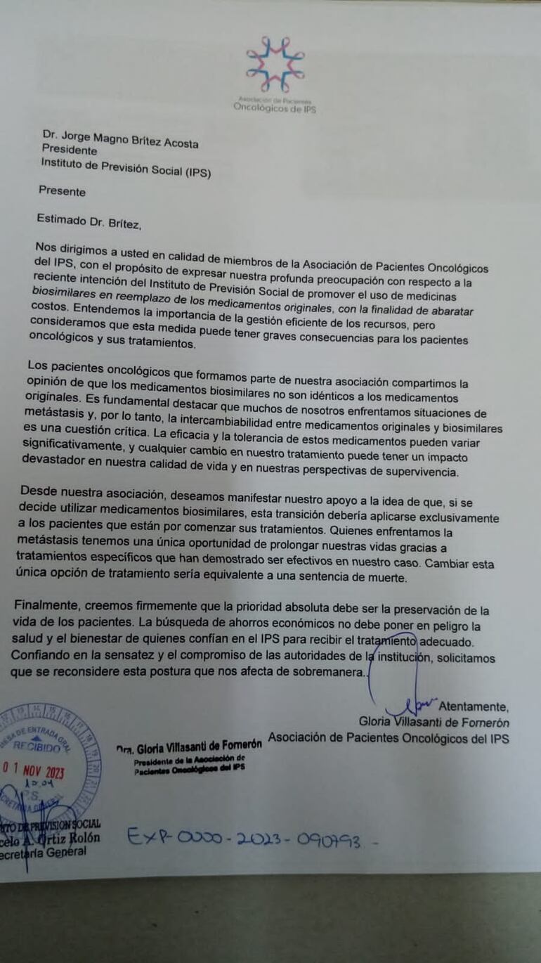 La Asociación de Pacientes Oncológicos del IPS envió ayer una nota al presidente del Consejo de Administración, doctor Jorge Brítez, manifestando rotundo rechazo al cambio de medicinas originales por biosimilares.