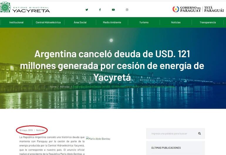 Anuncio realizado sobre la cancelación de la deuda el 16 de mayo de 2019.