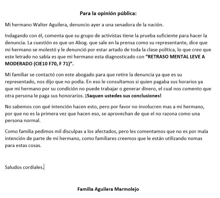 Comunicado de los familiares de Walter Aguilera.