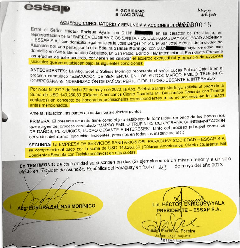 El acuerdo que firmó la Essap con la abogada Salinas Morínigo para el pago de US$ 140.260 por sus honorarios profesionales.