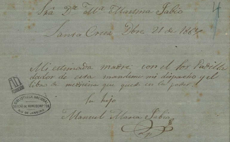 Carta de Manuel María Fabio a su madre, 21 de diciembre de 1867